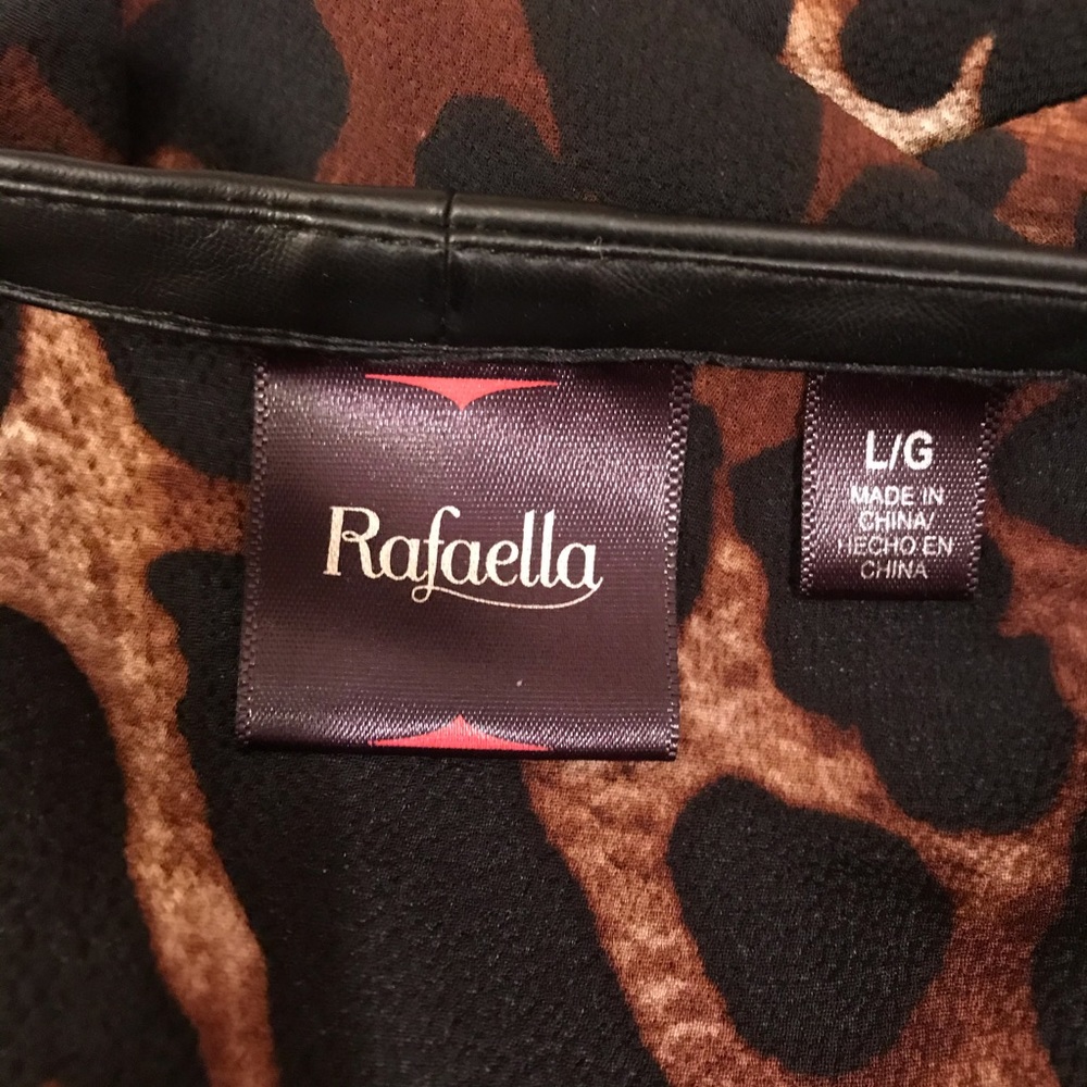 Rafaella Animal Print Tunic Top Womens Size Large Brown Black Faux Leather Trim - Picture 14 of 15